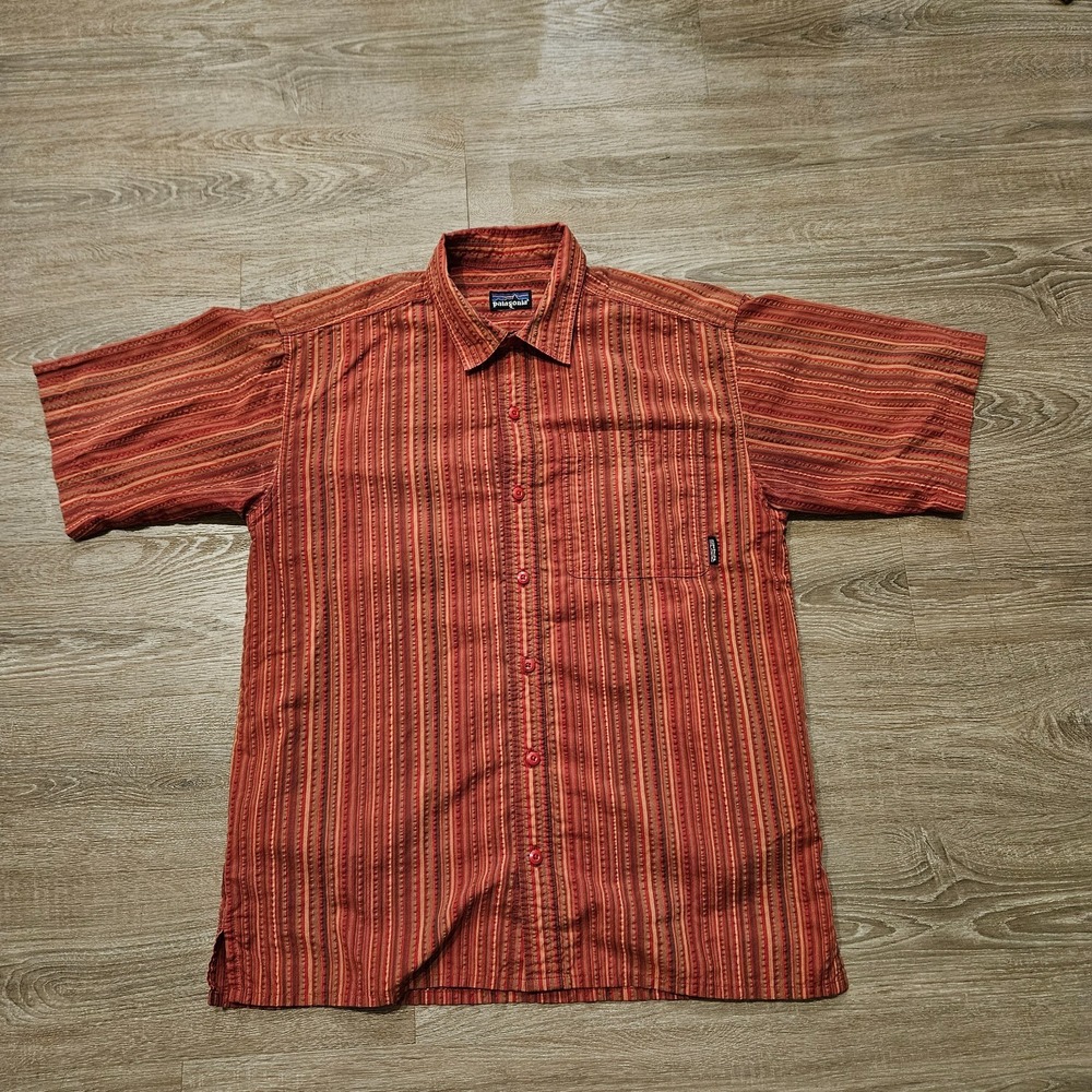 Patagonia Puckerware Shirt Mens S Palaka Rusted‎ Iron Stripe Short Sleeve Button